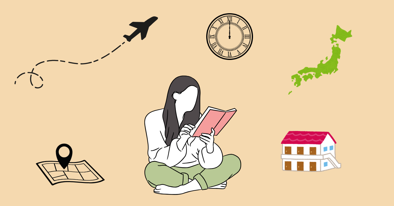 移住先の地図を見ながら求人情報を比較する女性ケアマネのイラスト。移住前の情報収集の重要性を表現。